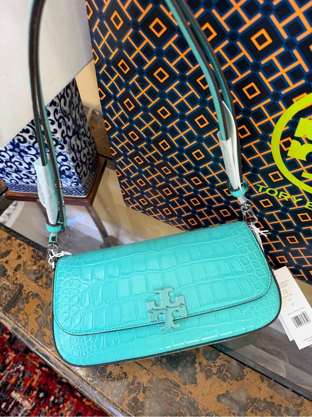 Tory Burch Aqua Croc-Embossed Shoulder Bag